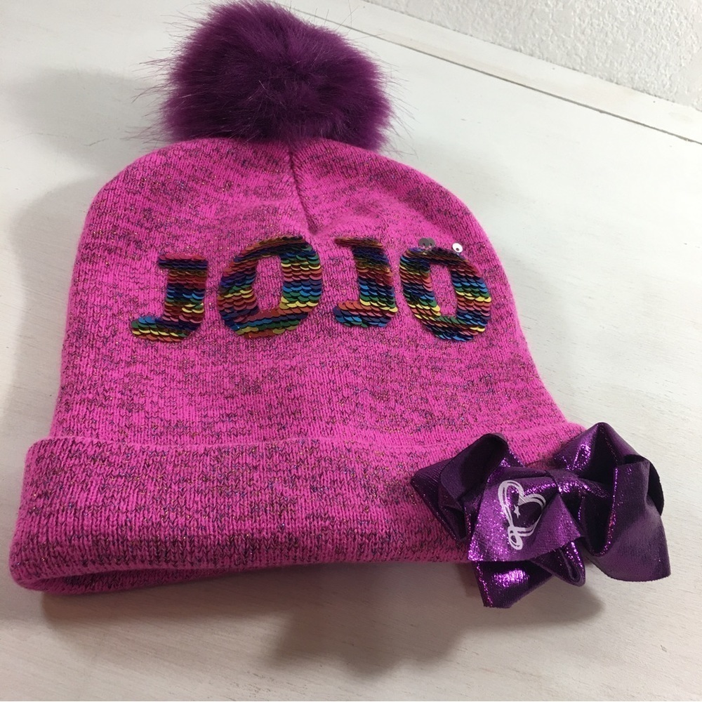 JoJo Girls Beanie Hat Pink Purple With Bow Multicolored Sequins